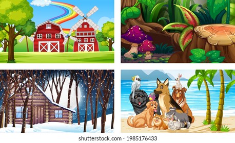 Cuatro escenas diferentes con varios animales dibujos animados ilustraciones