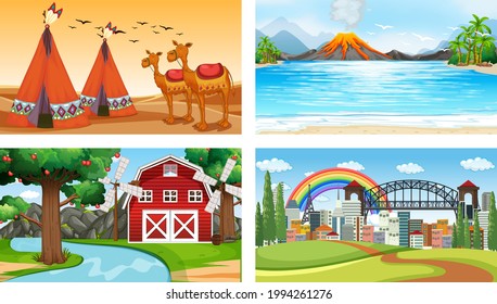 Four different scenes with various animals cartoon character illustration