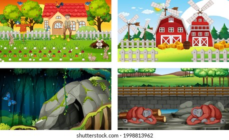 Four different scenes with various animals cartoon character illustration