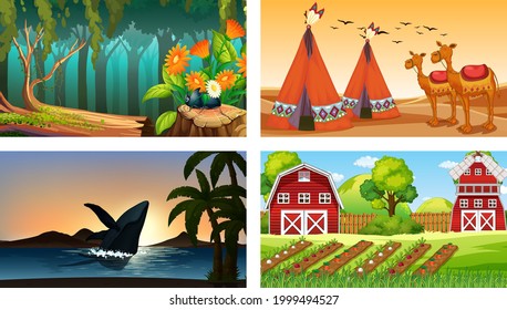 Four different scenes with various animals cartoon character illustration