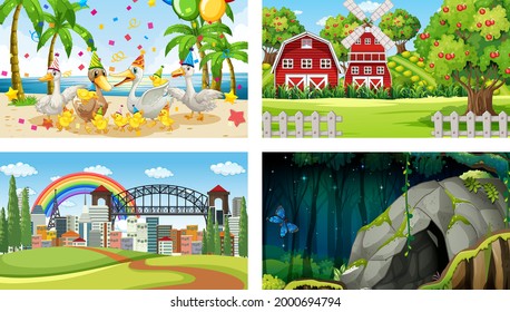 Four different scenes with various animals cartoon character illustration