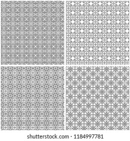Four different seamless ornamental grid patterns in one file collected, black and white hand drawing vector illustration