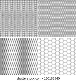 Four different seamless pattern in one file collected. Black and white vector illustration