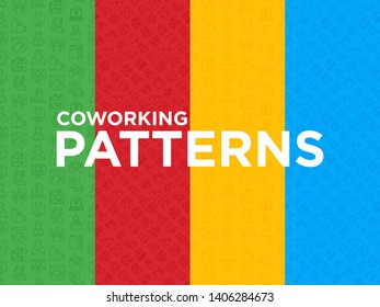 Four different seamless patterns coworking office  with thin line icons: workplace, meeting room, conference hall, smart office, parking, reception, legal address, fast internet. Vector illustration.