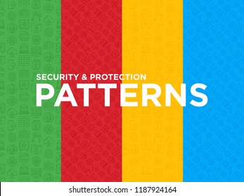 Four different Security and protection seamless patterns with thin line icons: mobile security, fingerprint, badge, firewall, face ID, secure folder, surveillance camera, keyset. Vector illustration.