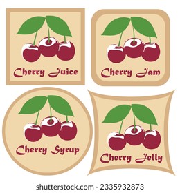 Four different shape cherry labels - juice, jam, jelly, and syrup.