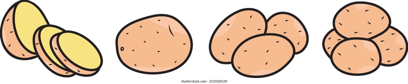 Four Different Shapes Of Potatoes Colorful Doodle. 