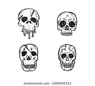 Four different shapes of skull cartoon doodles hand-drawn isolated on a white background.