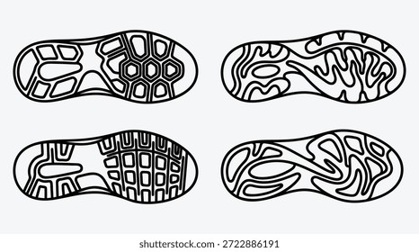 Se muestran cuatro diseños diferentes de suela de zapato desde la parte inferior, varios patrones de banda de rodamiento y Formas para la ilustración del calzado