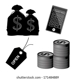 four different silhouette for money related elements in white background