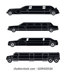 Four different silhouettes of limousines isolated on a light background. Vector illustration.