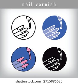 Quatro desenhos de logotipo simples de dedo e esmalte de unha diferentes. Silhueta, colorido e linear conjunto de cuidados pessoais.