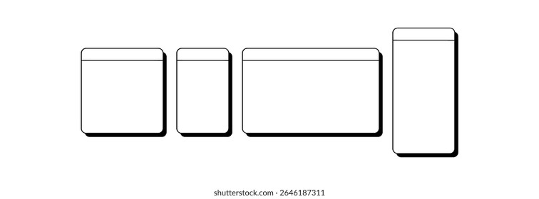 Es werden vier unterschiedlich große Container angezeigt, die als Liniensymbole handgezeichnet sind. Die Behälter sind weiß mit einem schwarzen Strich und haben jeweils einen Schatten auf weißem Hintergrund