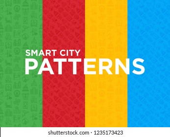 Four different Smart city seamless patterns with thin line icons: green energy, intelligent urbanism, efficient mobility, zero emission, balanced traffic, CCTV, telemedicine. Vector illustration.