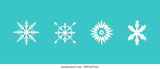 Cuatro diseños diferentes de copos de nieve se muestran sobre un fondo turquesa.