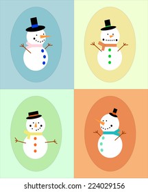 Four different snowman in different colors frame. EPS vector format.