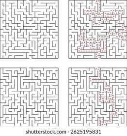 Four different square mazes with one showing the solved path in red for concept and illustration purposes.
