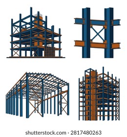 Four different steel frame structures for modern building construction projects