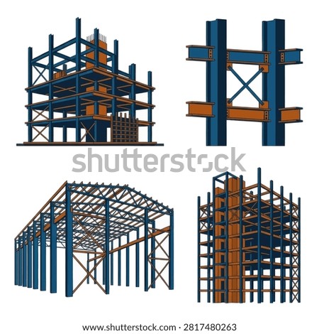 Four different steel frame structures for modern building construction projects