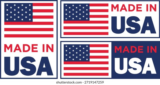 Four different stickers featuring the American flag and 'Made in USA' text in various designs and color schemes.