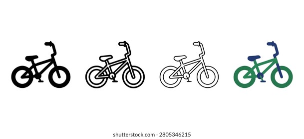 Four different style bicycle icons in a row on white background bicycle designs with various colors and line styles