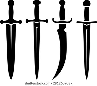 Four different style daggers with black handles and blades