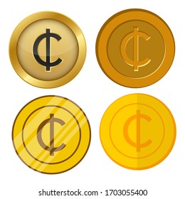 four different style gold coin with cedi currency symbol vector set