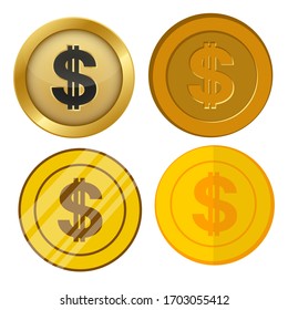 four different style gold coin with dollar currency symbol vector set