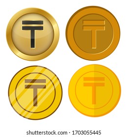 four different style gold coin with tenge currency symbol vector set