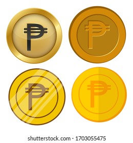 four different style gold coin with peso currency symbol vector set