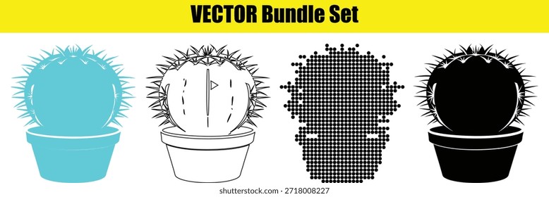 Four different styled cactus plants in pots on white background