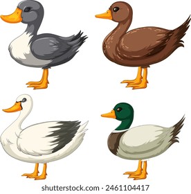 Four different styled cartoon ducks illustrated.