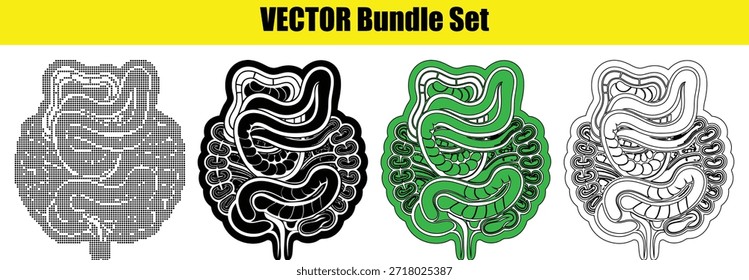 Cuatro diferentes ilustraciones de estilo de los intestinos humanos