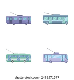 Four different styled vector illustrations of ecofriendly city trolleybuses on a white background