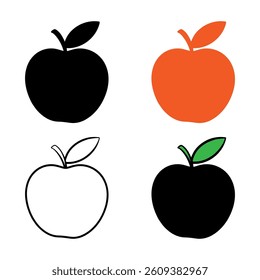 Four different styles of apples black silhouette, red, outline, and black with green leaf.