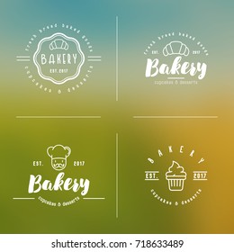 Four different styles of bakery logo with thin line icons of chef, croissant, cupcake. Modern vector illustration for emblem of bakery shop, confectionery.