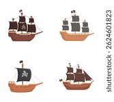 Four different styles of cartoon pirate ships, perfect for children's books or games