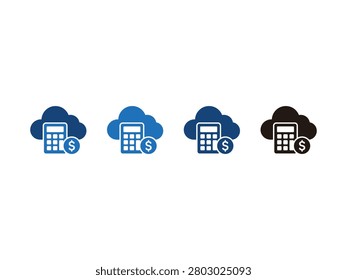 Four different styles of cloud computing icons featuring a calculator and a dollar sign representing financial calculations.