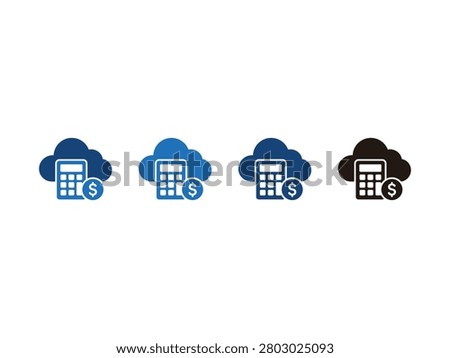 Four different styles of cloud computing icons featuring a calculator and a dollar sign representing financial calculations.