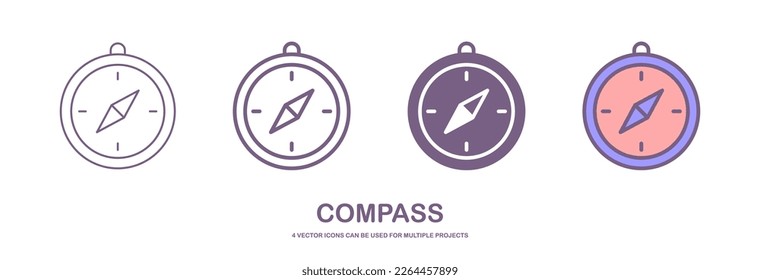 Four different styles of compass vector icons that can be used for many projects, like web design, app etc. which is isolated on a white background.