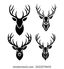 Four Different Styles of Deer Head Silhouettes Isolated on White Background