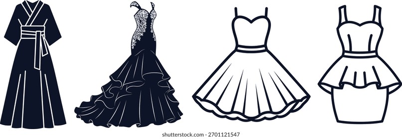 Quatro estilos diferentes de vestidos e um quimono são representados como ilustrações vetoriais com contornos azul-escuros em um fundo branco.