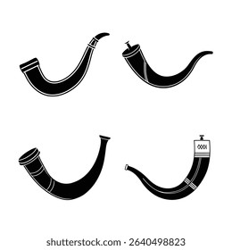 Four different styles of drinking horns in black and white.