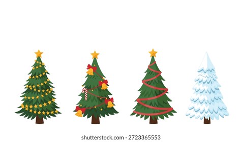 Four different styles of evergreen Christmas trees including versions with stars, bells, ribbons, and one covered in snow.