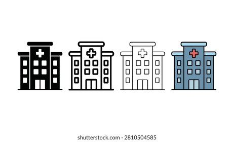 Four different styles of hospital building icons are displayed sidebyside in this graphic