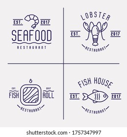 Four different styles for logo of fish or sushi restaurant with such elements as lobster, fish and shrimp. Thin line vector illustration.