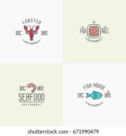 Four different styles for logo of fish or sushi restaurant with such elements as lobster, fish and shrimp. Thin line vector illustration.