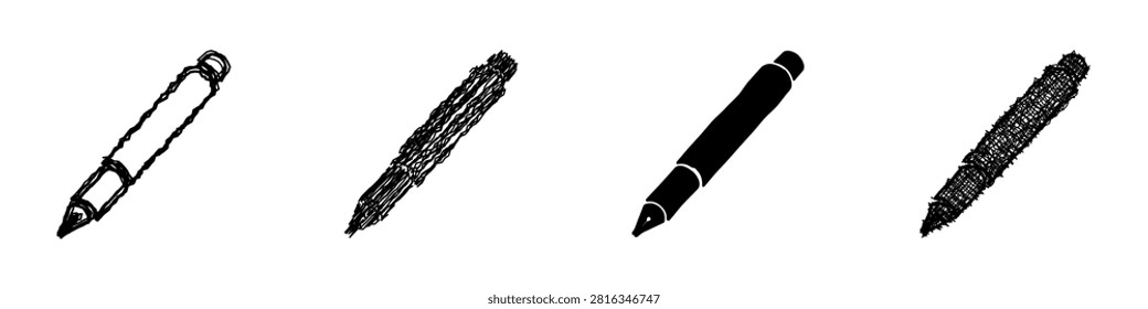 Four different styles of pens and pencils are displayed side-by-side, showcasing varied artistic renditions and a solid silhouette