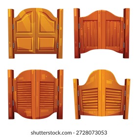 Cuatro estilos diferentes de puertas oscilantes de madera del viejo salvaje oeste. Vector ilustración de dibujos animados