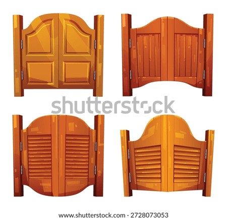 Four different styles of wooden saloon swinging doors from the old wild west. Vector cartoon illustration